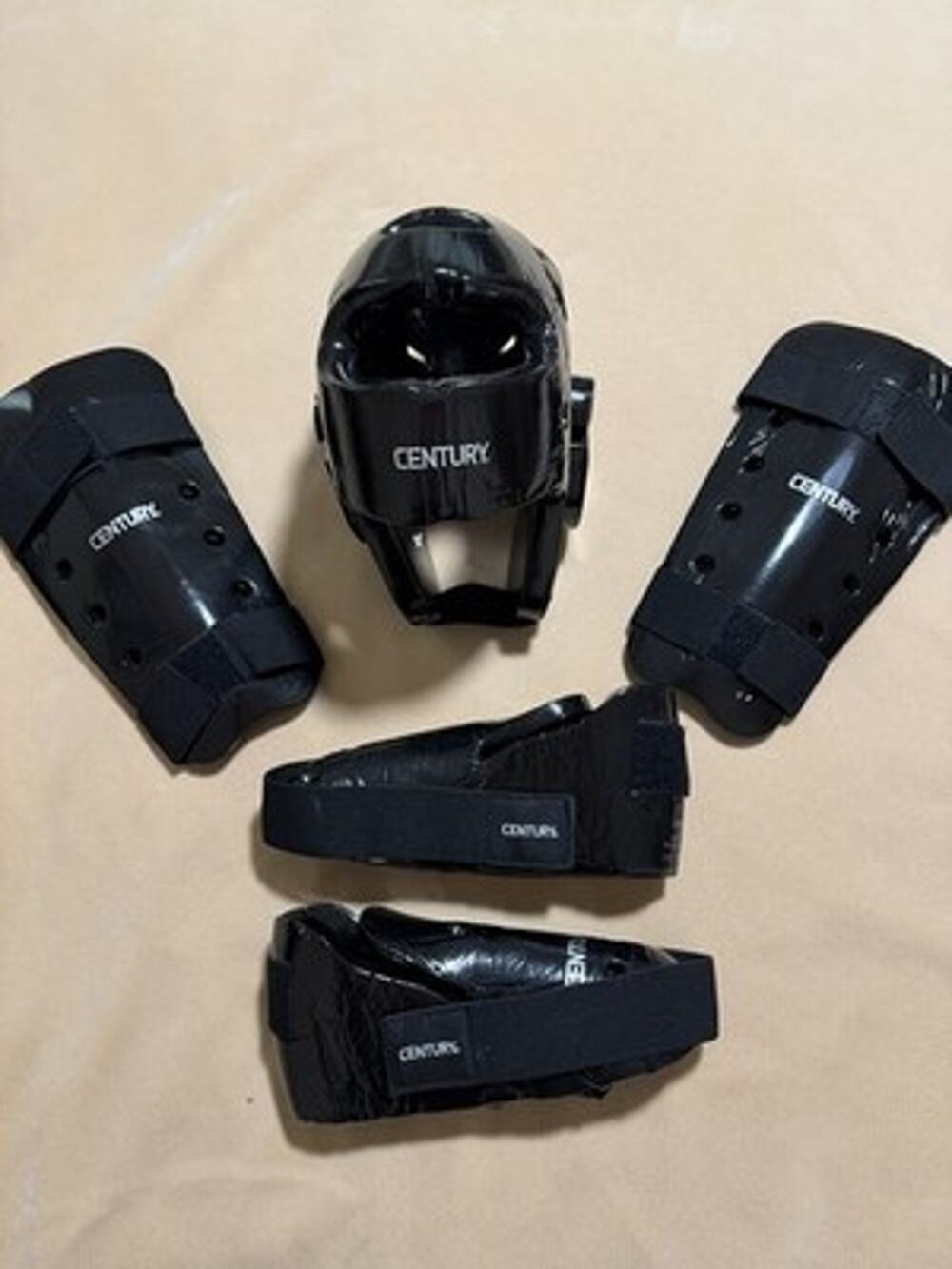 Martial Arts Sparring Gear Set CENTURY Black Head Guard Shin Guards Boots Adult